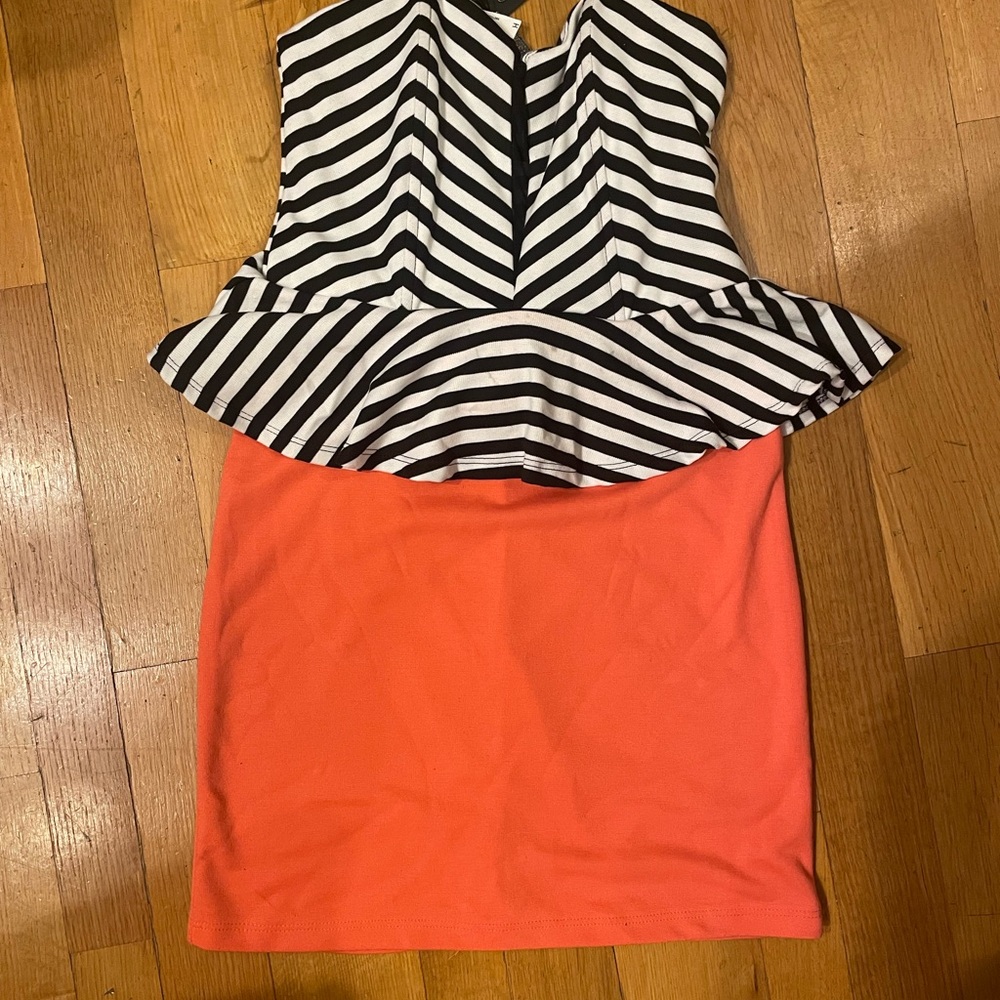 B&W Striped + Coral Peplum Dress
